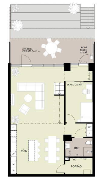 Спокойный интерьер скандинавского лофта с черной кухней и антресолью