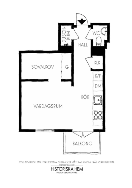 Маленькая шведская квартира с тёмным полом и спальней в нише (35 кв. м)